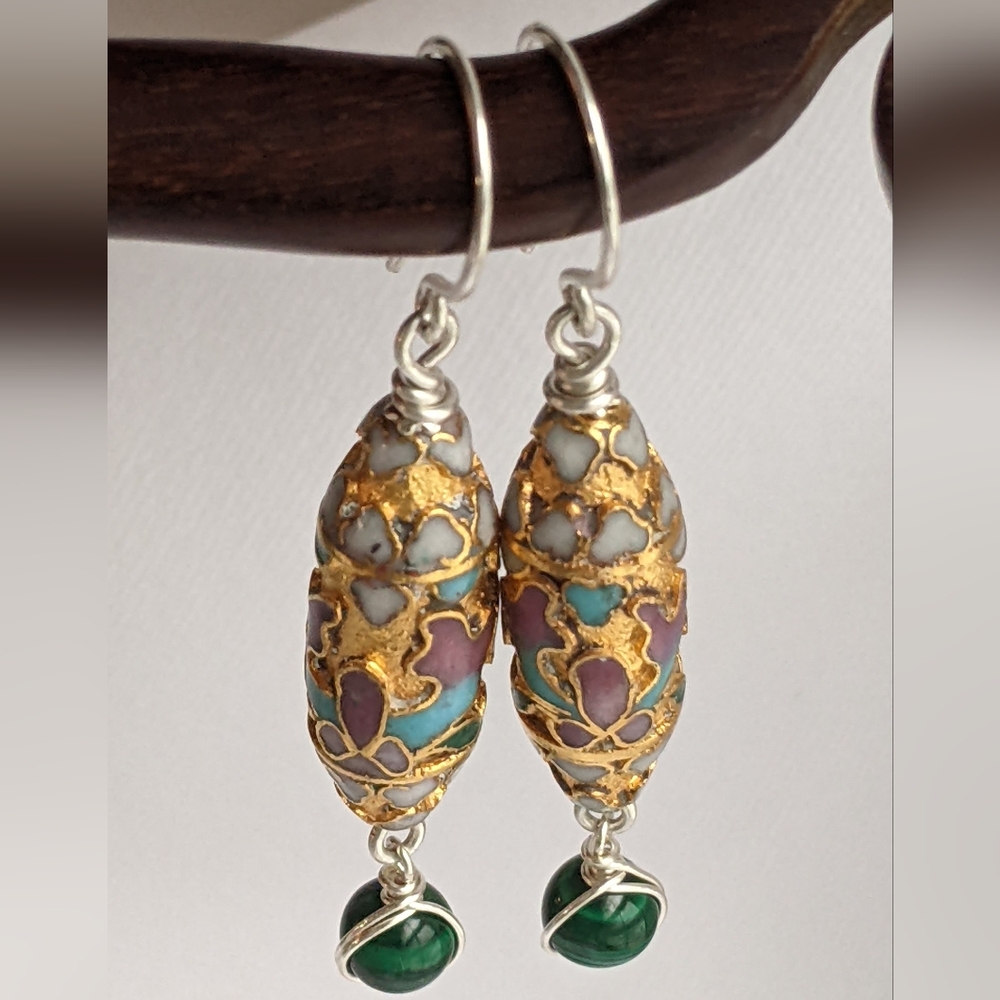 Authentic Vintage Cloisonne Earrings Sterling Silver Gold Toned with Malachite - Picture 9 of 12